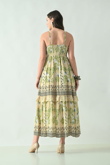 26423 Bohemian Printed Tiered Maxi Dress with Lace Detail & Tassel Tie - Advance Apparels Inc