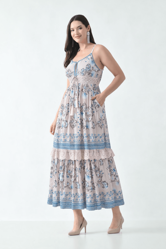 26423 Bohemian Printed Tiered Maxi Dress with Lace Detail & Tassel Tie - Advance Apparels Inc
