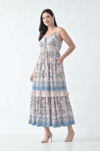 26423 Bohemian Printed Tiered Maxi Dress with Lace Detail & Tassel Tie - Advance Apparels Inc
