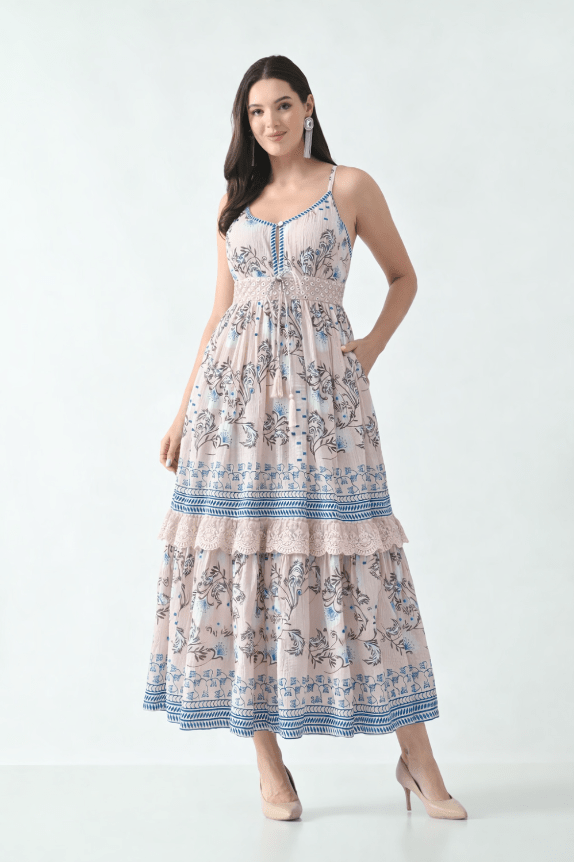 26423 Bohemian Printed Tiered Maxi Dress with Lace Detail & Tassel Tie - Advance Apparels Inc