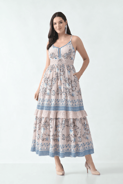 26423 Bohemian Printed Tiered Maxi Dress with Lace Detail & Tassel Tie - Advance Apparels Inc