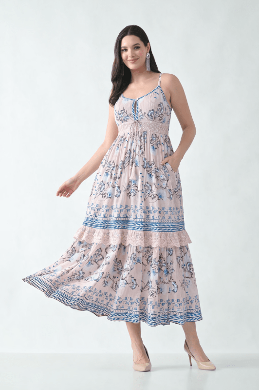 26423 Bohemian Printed Tiered Maxi Dress with Lace Detail & Tassel Tie - Advance Apparels Inc