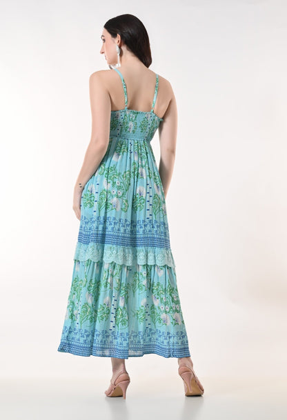 26423 Bohemian Printed Tiered Maxi Dress with Lace Detail & Tassel Tie - Advance Apparels Inc