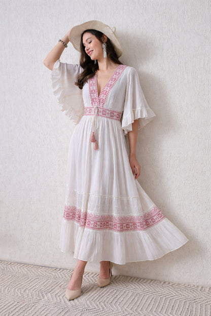 26424 Boho Embroidered Maxi Dress – Geometric Border | Flowy Tiered Dress - Advance Apparels Inc