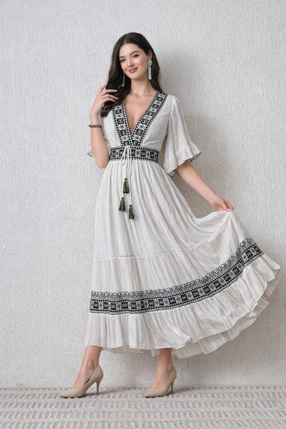 26424 Boho Embroidered Maxi Dress – Geometric Border | Flowy Tiered Dress - Advance Apparels Inc