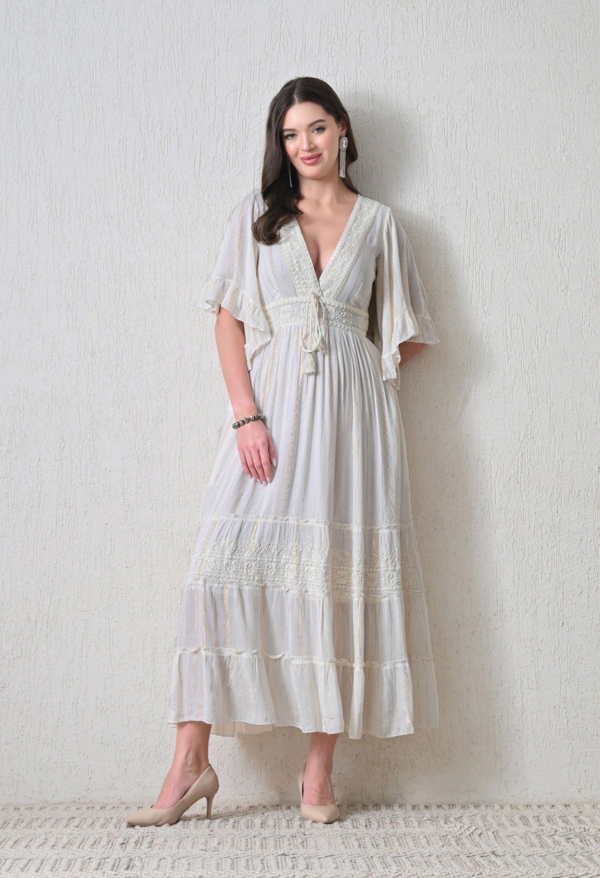 26424 Boho Embroidered Maxi Dress – Geometric Border | Flowy Tiered Dress - Advance Apparels Inc