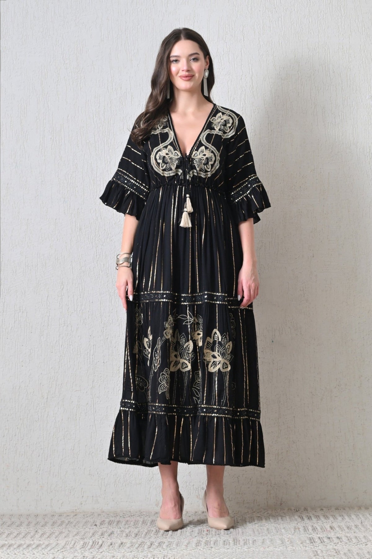26425 Embroidered Boho Maxi Dress – Assorted Colors with Gold Stripe Detail - Advance Apparels Inc