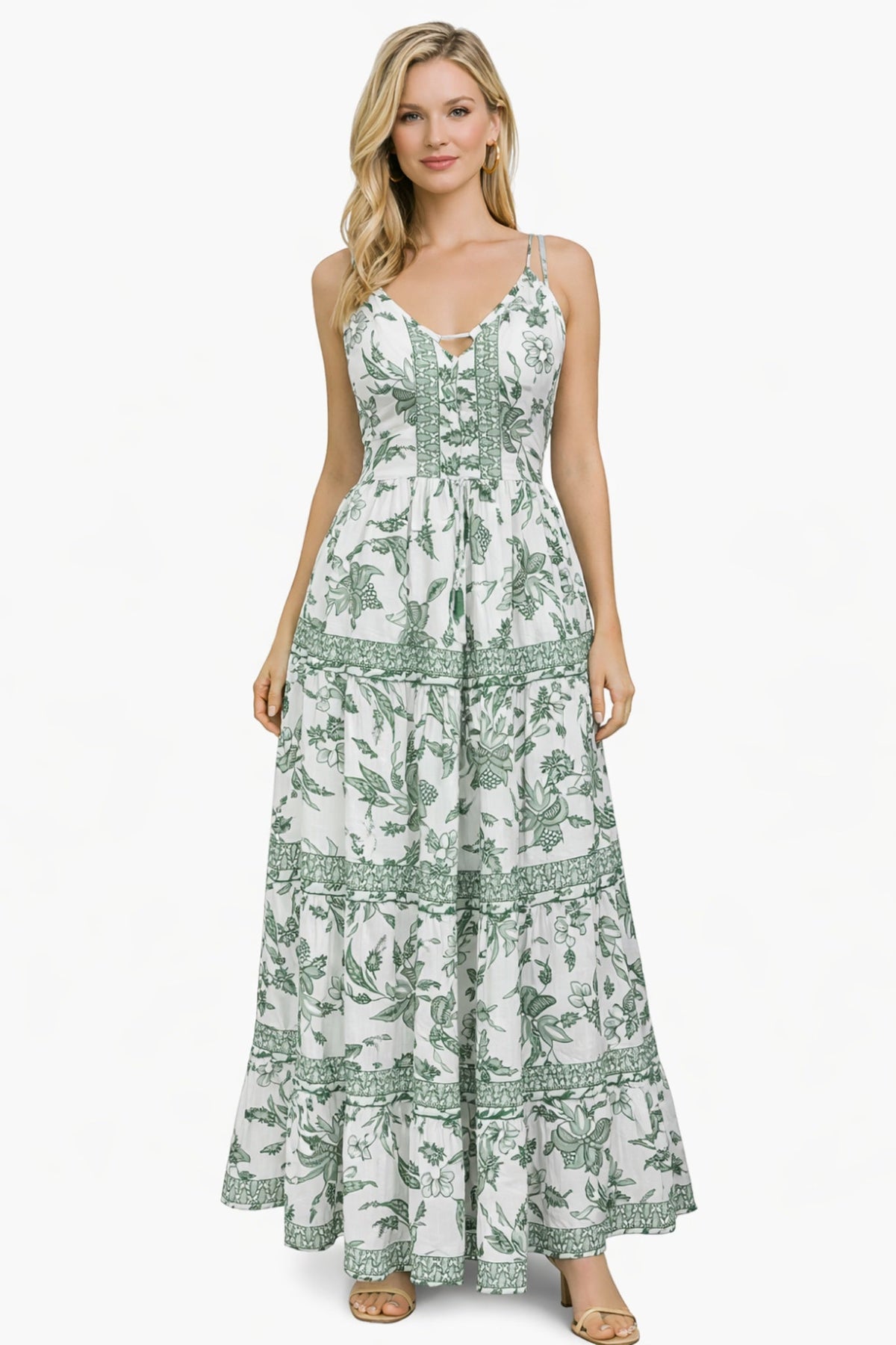 26426 Elegant Floral Tiered Maxi Dress with Strappy Back - Advance Apparels Inc