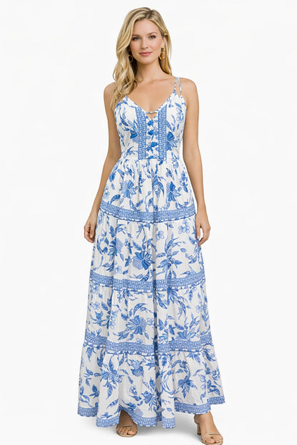 26426 Elegant Floral Tiered Maxi Dress with Strappy Back - Advance Apparels Inc