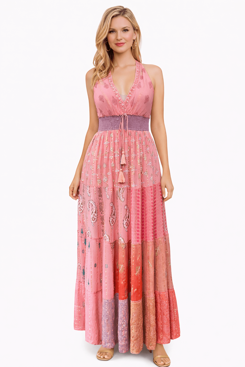26427 Bohemian Patchwork Halter Maxi Dress – Pink Multi Print - Advance Apparels Inc
