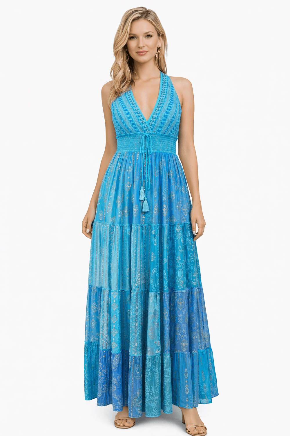 26427 Bohemian Patchwork Halter Maxi Dress – Pink Multi Print - Advance Apparels Inc