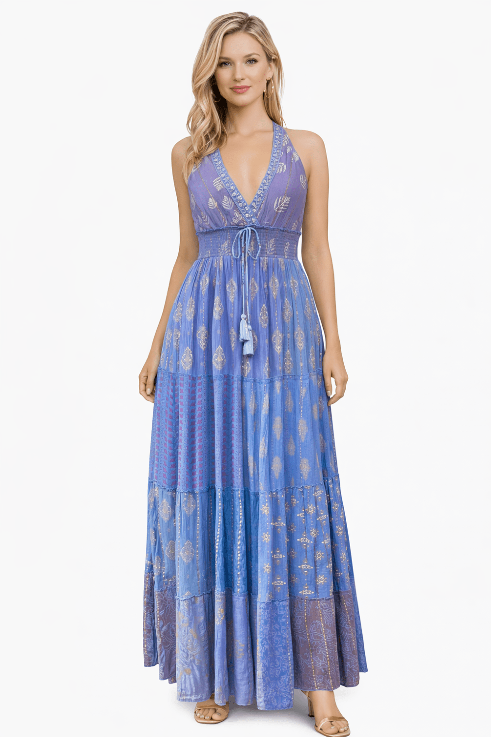 26427 Bohemian Patchwork Halter Maxi Dress – Pink Multi Print - Advance Apparels Inc