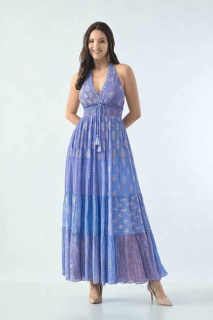 26427 Bohemian Patchwork Halter Maxi Dress – Pink Multi Print - Advance Apparels Inc