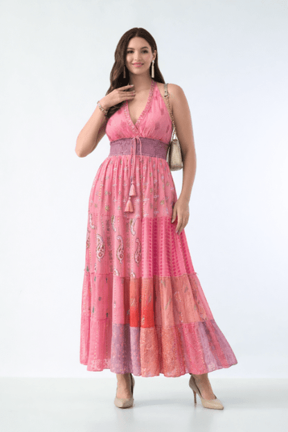 26427 Bohemian Patchwork Halter Maxi Dress – Pink Multi Print - Advance Apparels Inc