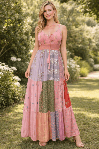 26428 Bohemian Patchwork Maxi Dress – Blue Multi Print Halter Dress - Advance Apparels Inc
