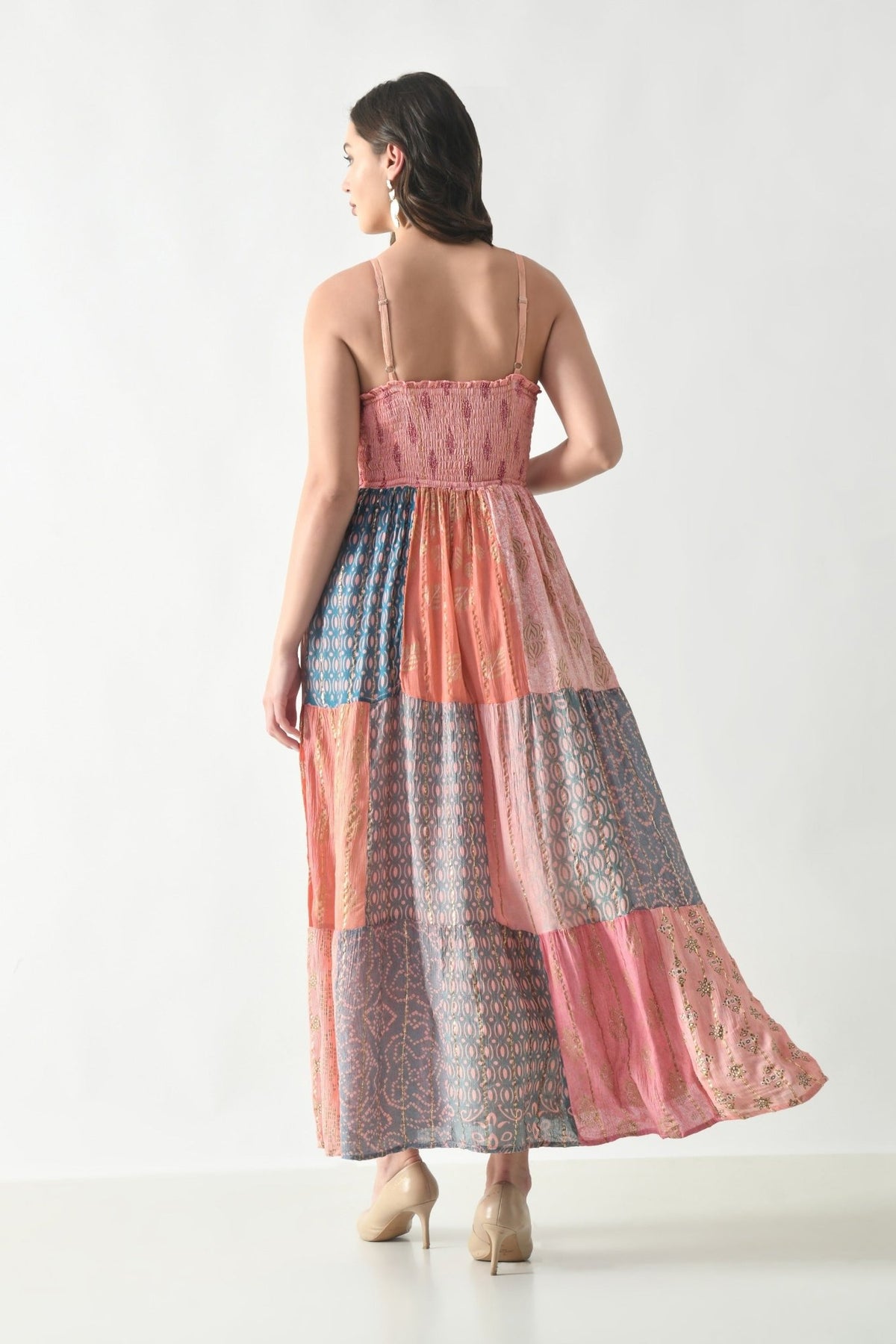 26428 Bohemian Patchwork Maxi Dress – Blue Multi Print Halter Dress - Advance Apparels Inc