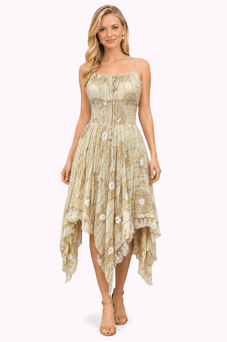 26429 Bohemian Asymmetrical Lace Hem Dress – Gold Celestial Print - Advance Apparels Inc