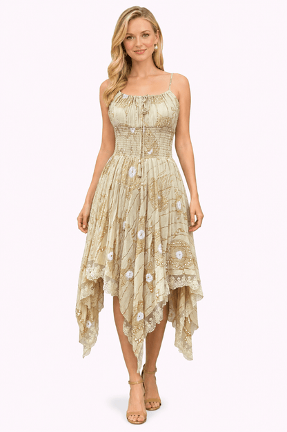 26429 Bohemian Asymmetrical Lace Hem Dress – Gold Celestial Print - Advance Apparels Inc