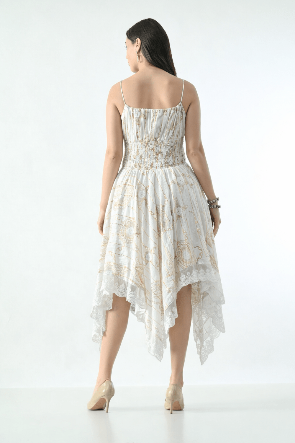 26429 Bohemian Asymmetrical Lace Hem Dress – Gold Celestial Print - Advance Apparels Inc