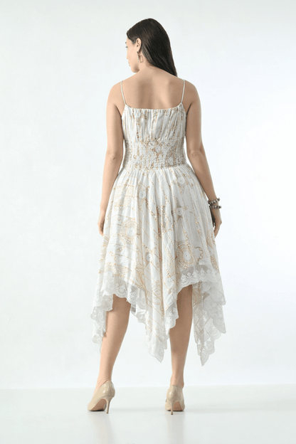 26429 Bohemian Asymmetrical Lace Hem Dress – Gold Celestial Print - Advance Apparels Inc