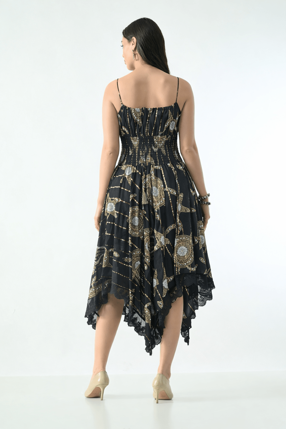 26429 Bohemian Asymmetrical Lace Hem Dress – Gold Celestial Print - Advance Apparels Inc