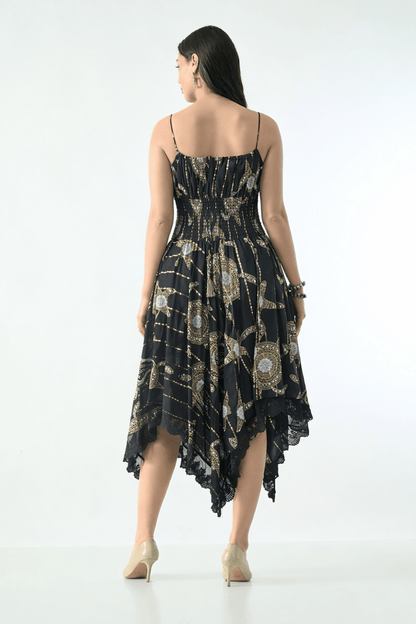 26429 Bohemian Asymmetrical Lace Hem Dress – Gold Celestial Print - Advance Apparels Inc