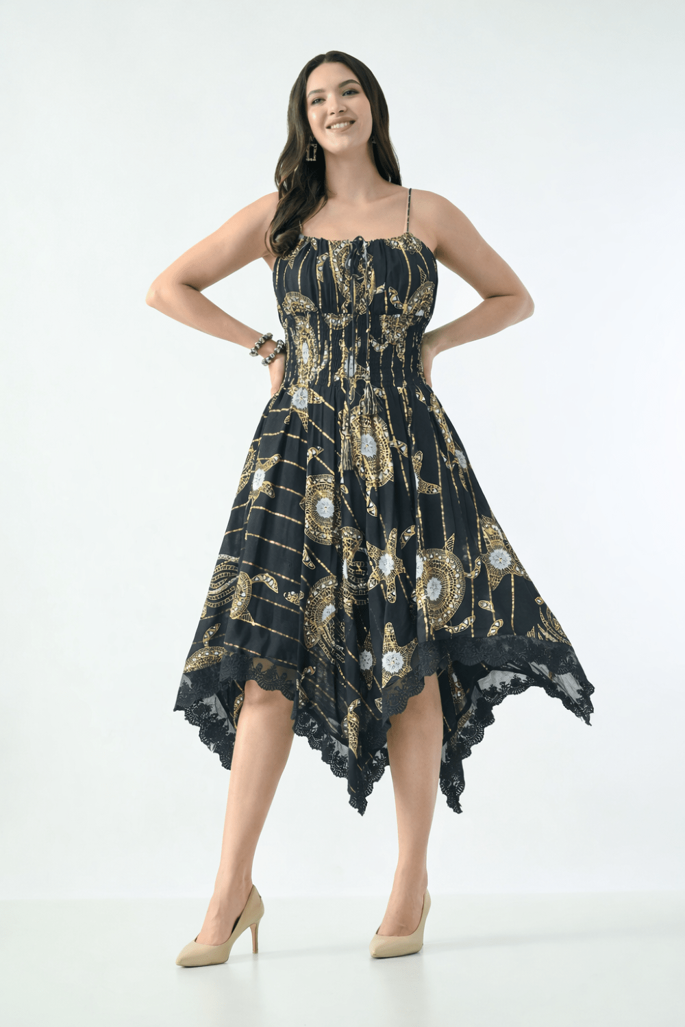 26429 Bohemian Asymmetrical Lace Hem Dress – Gold Celestial Print - Advance Apparels Inc