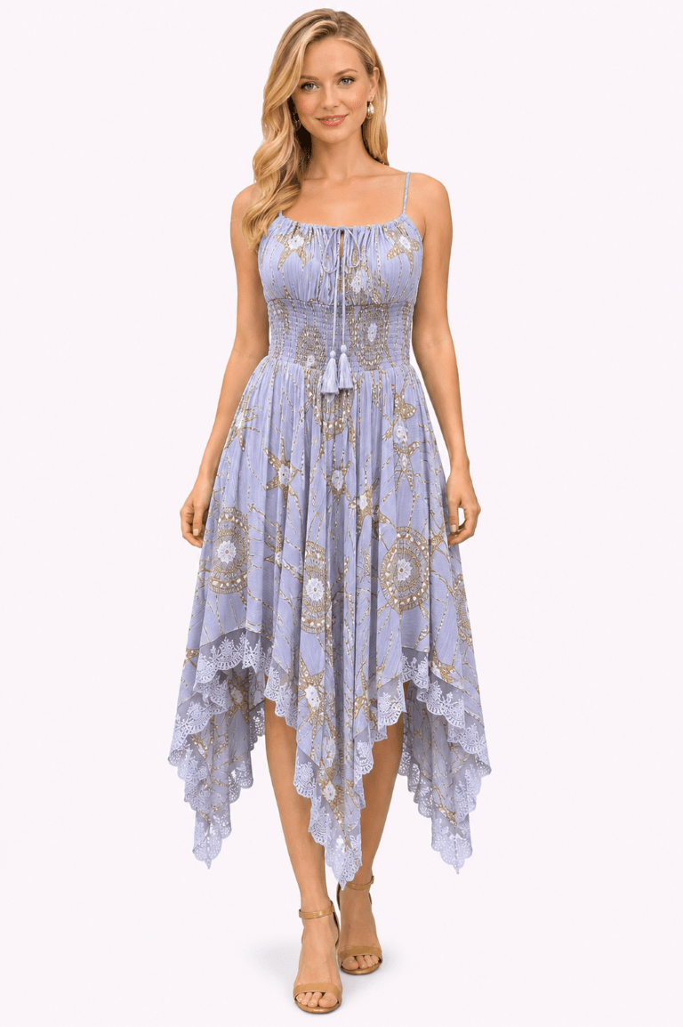 26429 Bohemian Asymmetrical Lace Hem Dress – Gold Celestial Print - Advance Apparels Inc