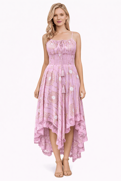 26429 Bohemian Asymmetrical Lace Hem Dress – Gold Celestial Print - Advance Apparels Inc
