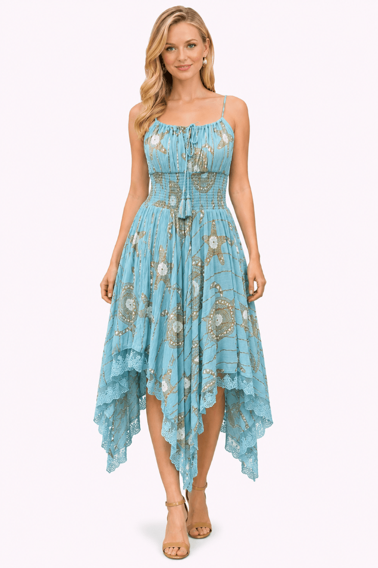26429 Bohemian Asymmetrical Lace Hem Dress – Gold Celestial Print - Advance Apparels Inc