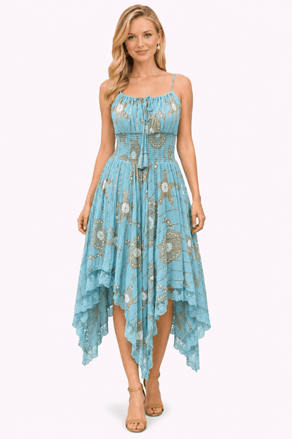 26429 Bohemian Asymmetrical Lace Hem Dress – Gold Celestial Print - Advance Apparels Inc