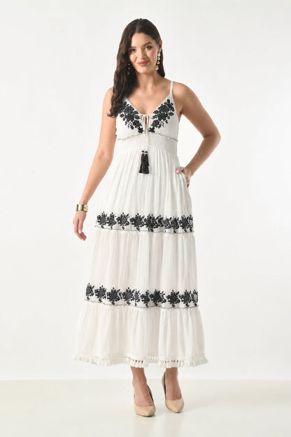 26430 Embroidered Boho Maxi Dress with Tassel Tie - Advance Apparels Inc