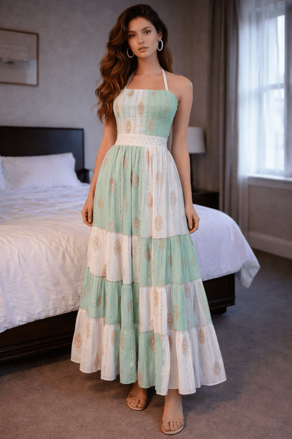 26431 Boho Tiered Maxi Dress – Lurex Rayon Gold Print Halter Dress (Assorted Colors) - Advance Apparels Inc