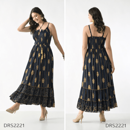 26432 Boho Smocked Maxi Dress with Gold Print – Adjustable Strap Summer Dress (Assorted Colors) - Advance Apparels Inc