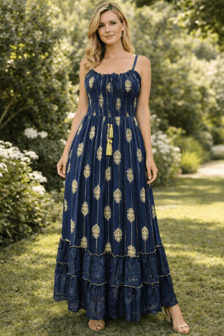 26432 Boho Smocked Maxi Dress with Gold Print – Adjustable Strap Summer Dress (Assorted Colors) - Advance Apparels Inc