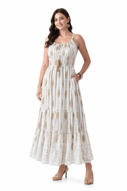 26432 Boho Smocked Maxi Dress with Gold Print – Adjustable Strap Summer Dress (Assorted Colors) - Advance Apparels Inc