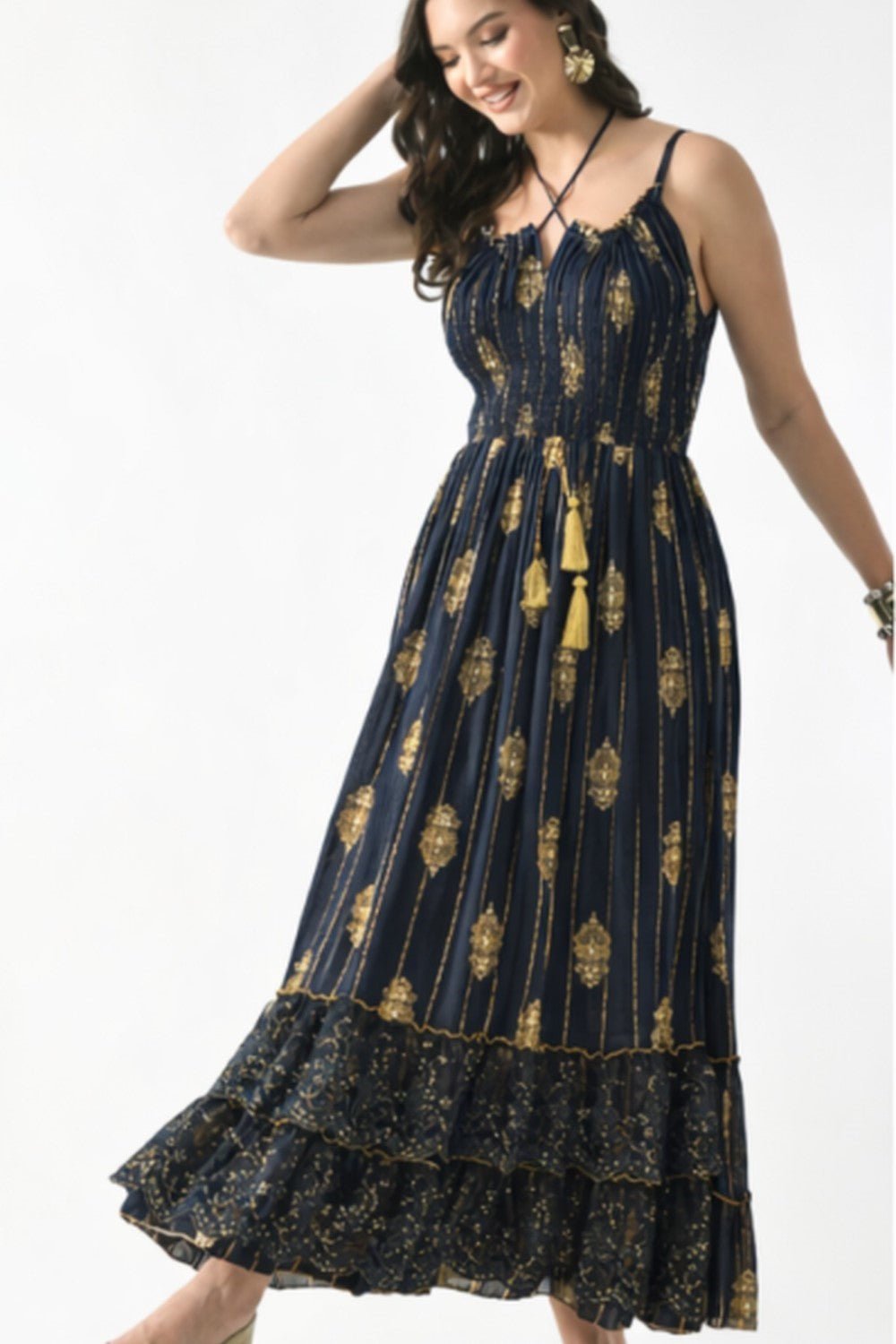 26432 Boho Smocked Maxi Dress with Gold Print – Adjustable Strap Summer Dress (Assorted Colors) - Advance Apparels Inc