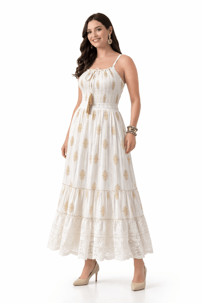26432 Boho Smocked Maxi Dress with Gold Print – Adjustable Strap Summer Dress (Assorted Colors) - Advance Apparels Inc