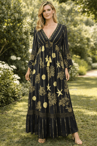 26433- Boho Maxi Dress with Gold Print & Tie Wais - Advance Apparels Inc