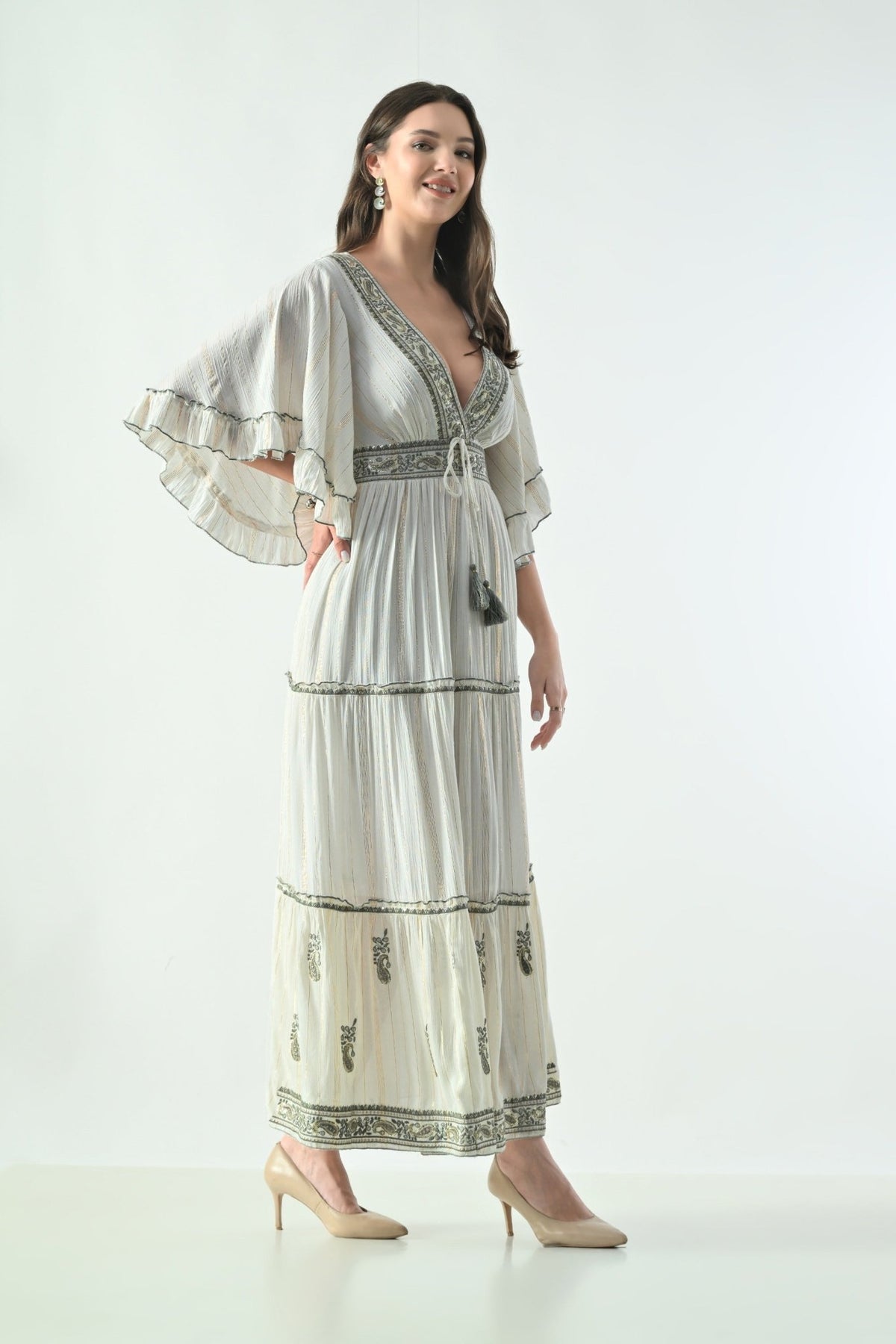 26434 Boho Embroidered Maxi Dress with Flutter Sleeves – V-Neck Tassel Tie Dress - Advance Apparels Inc