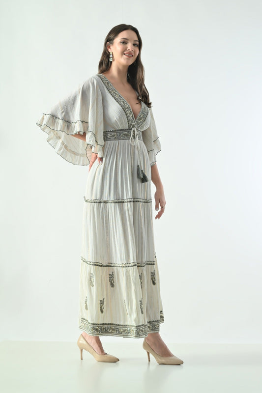 26434 Boho Embroidered Maxi Dress with Flutter Sleeves – V-Neck Tassel Tie Dress - Advance Apparels Inc