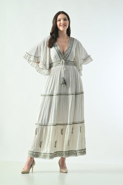 26434 Boho Embroidered Maxi Dress with Flutter Sleeves – V-Neck Tassel Tie Dress - Advance Apparels Inc