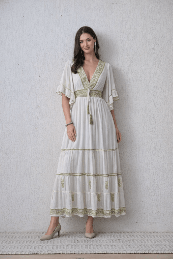 26434 Boho Embroidered Maxi Dress with Flutter Sleeves – V-Neck Tassel Tie Dress - Advance Apparels Inc