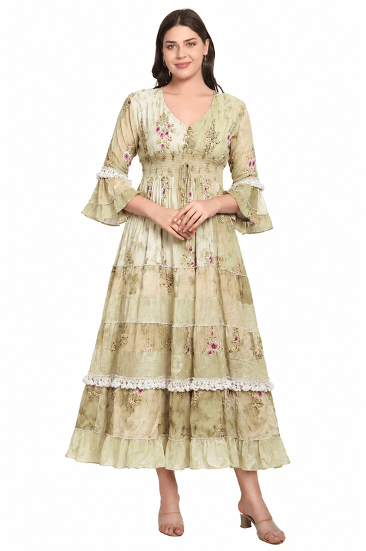 26436 Women's Floral Printed Tiered Maxi Dress with Bell Sleeves - Advance Apparels Inc