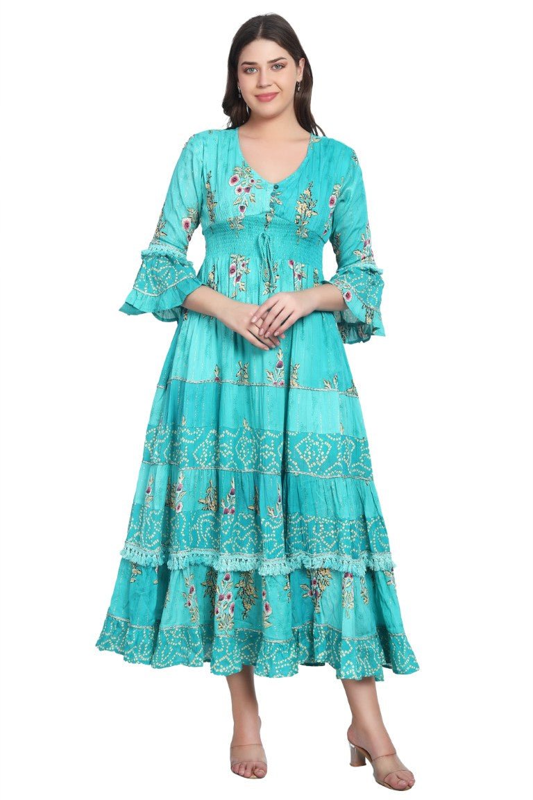 26436 Women's Floral Printed Tiered Maxi Dress with Bell Sleeves - Advance Apparels Inc