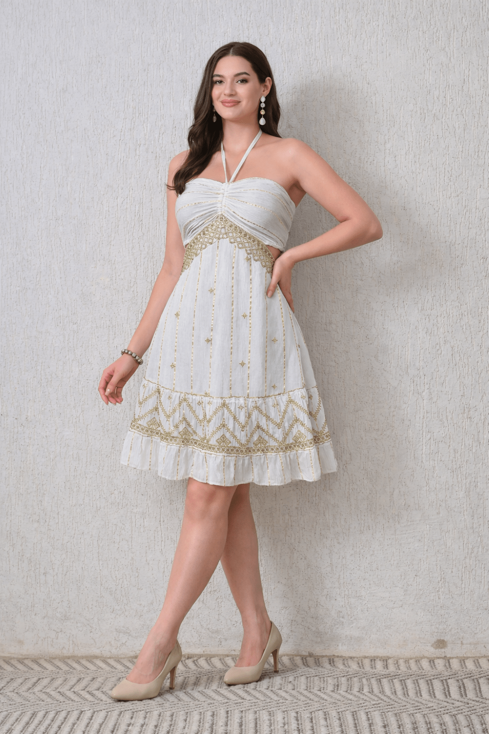26441 Embroidered Halter Mini Dress – Boho Metallic Detail Dress - Advance Apparels Inc