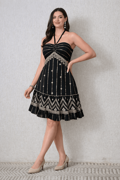 26441 Embroidered Halter Mini Dress – Boho Metallic Detail Dress - Advance Apparels Inc