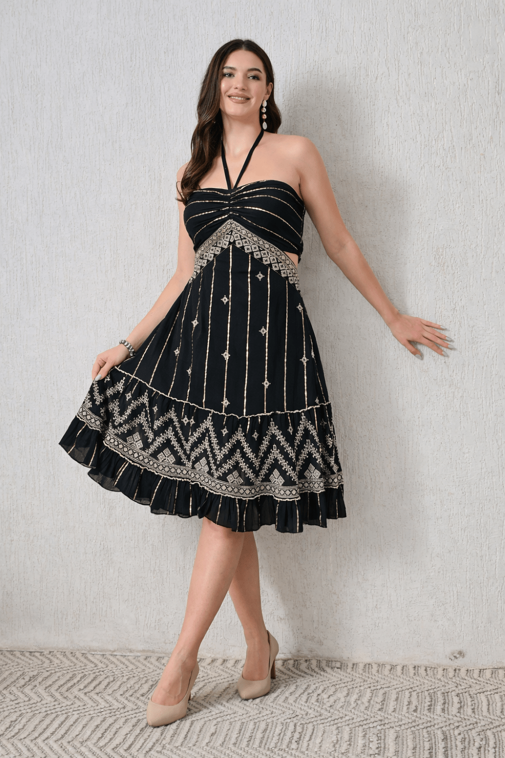26441 Embroidered Halter Mini Dress – Boho Metallic Detail Dress - Advance Apparels Inc