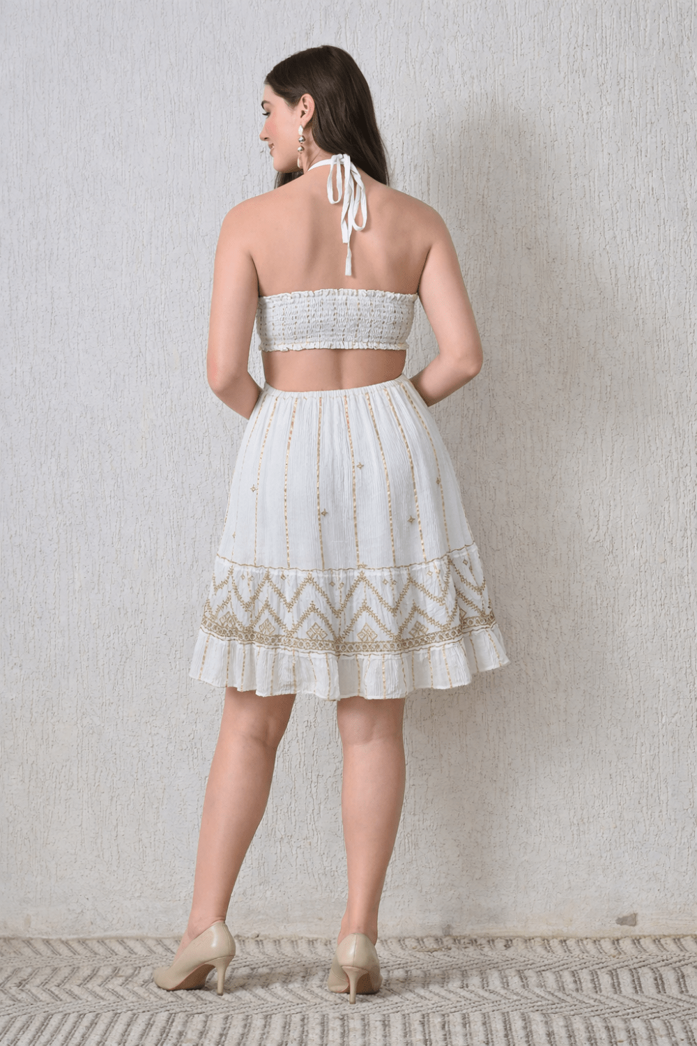26441 Embroidered Halter Mini Dress – Boho Metallic Detail Dress - Advance Apparels Inc