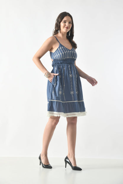 26445 Chambray Embroidered Tie-Back Midi Dress – Smocked Waist Boho Style - Advance Apparels Inc